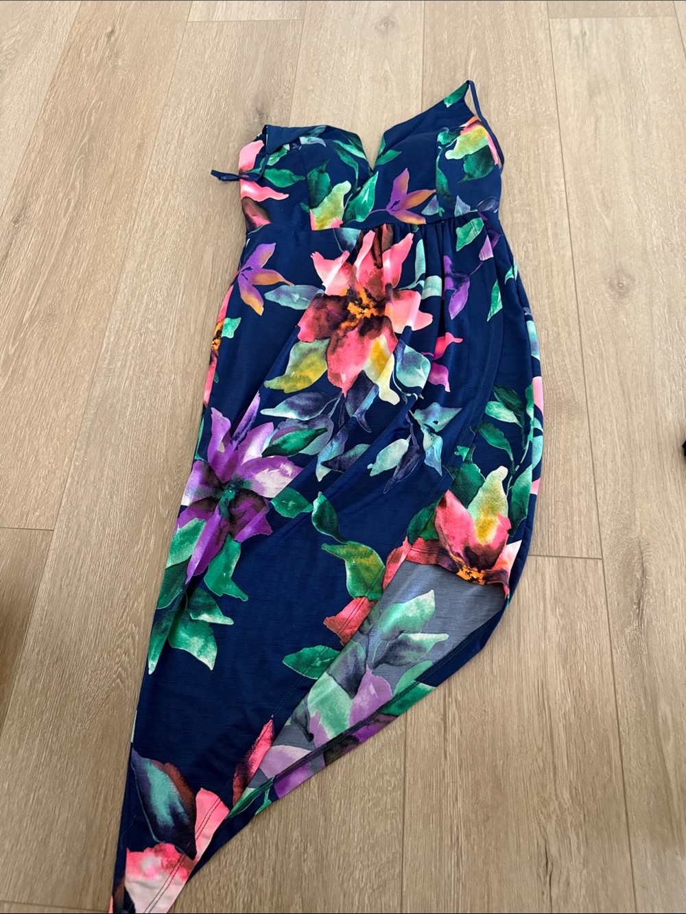 Windsor Navy Asymmetrical Floral Dress with Pink, Green & Purple Accents